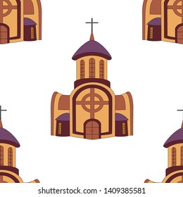 Seamless pattern of church building on white background isolated.