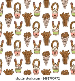 Seamless pattern with Churros (or churro) is a traditional Spanish dessert, on a white background. Excellent design for menu, brochures, poster, packaging, wrapping paper etc.
