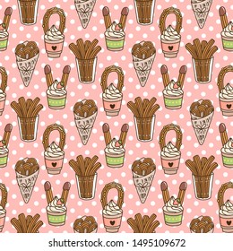 Seamless pattern with Churros (or churro) is a traditional Spanish dessert, on a pink background. Excellent design for menu, brochures, poster, packaging, wrapping paper etc.