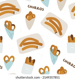 Patrón sin problemas con los churros. Pasteles españoles tradicionales. Repitiendo churros sin fin. Ilustración vectorial para el diseño.