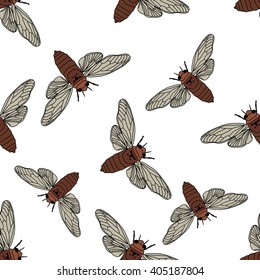 Seamless pattern with cicada . Cicadidae. Chremistica umbrosa.     hand-drawn cicada . Vector illustration
