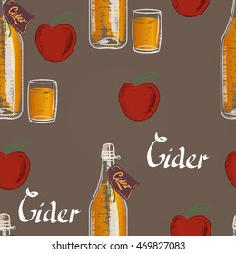 Seamless pattern cider in a glass bottle and glass on brown background. Chalk drawn illustration.