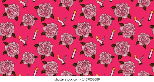 seamless pattern with cigarette butts and roses
