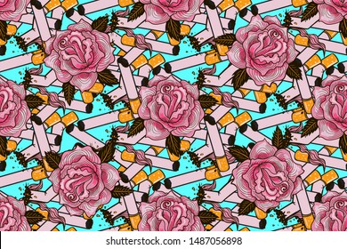 seamless pattern with cigarette butts and roses