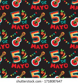 Seamless pattern with  Cinco De Mayo symbols. Vector illustration. Design elements for fabric, banner, wallpaper, wrapping paper.