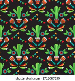 Seamless pattern with  Cinco De Mayo symbols. Vector illustration. Design elements for fabric, banner, wallpaper, wrapping paper.