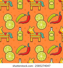 Seamless pattern cinco de mayo in pixel style on an orange background. Vector illustration