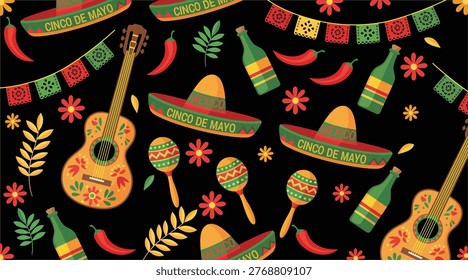 Seamless pattern for Cinco de Mayo celebration with traditional Mexican elements like sombreros, guitars, maracas, chili peppers, and festive banners.