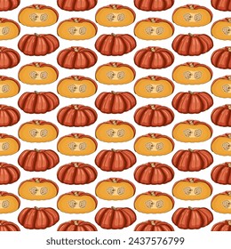 Seamless pattern with Cinderella pumpkin. Rouge Vif D Etampes. Winter squash. Cucurbita maxima. Vegetables. Cartoon style. Isolated vector illustration.