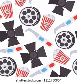 Seamless pattern with cinema accessories as 3d glasses, film bobbin, popcorn basket, spotlight on white background. Repeat design for wrapping paper and decoration