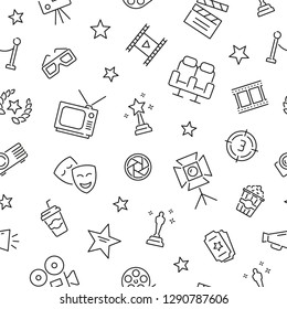 Seamless pattern with cinema. Black and white thin line icons
