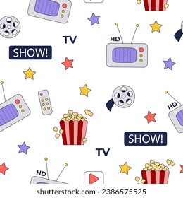 Seamless pattern cinema cartoon design elements mascot in y2k style. Hand drawn popcorn, tv, stars illustration for package, textile, paper, fabric, background, print design. Vector
