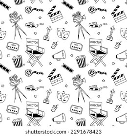 Seamless pattern of cinema doodle elements: projector, popcorn, film, clapper board, award, ticket, 3d glasses, director chair in line art style.