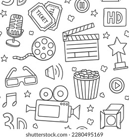 Seamless pattern of Cinema doodle. Movie elements in sketch style. Camera, film strip, popcorn, clapperboard, ticket. Hand drawn vector illustration