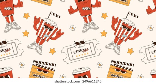 Seamless pattern with cinema elements in a groovy style. Popcorn and a drink cup with eyes, arms, and legs, ticket, stars, daisies, clapperboard. International Cinema Day. Pattern for the cinema