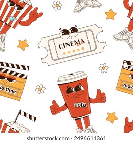 Seamless pattern with cinema elements in a groovy style. Popcorn and a drink cup with eyes, arms, and legs, ticket, stars, daisies, clapperboard. International Cinema Day. Pattern for the cinema