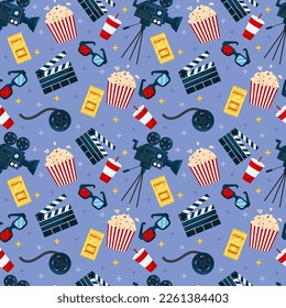 Seamless pattern with cinema elements on blue background. Backdrop for wallpaper, print, textile, fabric, wrapping