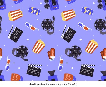 Seamless pattern with cinema elements. Repeating design element for printing on fabric. Popcorn, 3D glasses, film tape and tickets, soda. Movie and series. Cartoon flat vector illustration