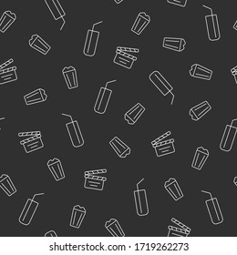 Patrón transparente de iconos de la línea de entretenimiento del cine sobre fondo negro. Ilustración del vector