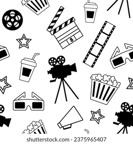 Seamless pattern with cinema objects. Camera, popcorn, film and glasses. Monochrome black and white background.