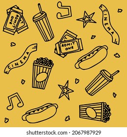 Seamless Pattern with Cinema, TV Shows, Series and Movies Funny Doodle Vector icons. Hand drawn colorful illustration. Set for podcast, awards and radio. Background