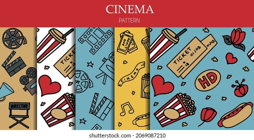 Nahtlose Muster mit Kino-, TV-Shows, Serien und Filmen Funny Doodle Vektorsymbole. Handgezeichnete bunter Illustration. Set für Podcast, Awards und Radio. Hintergrund