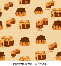 Seamless pattern with cinnabon buns. Swirl buns. Cinnamon rolls with sugar, topping, syrup, nuts. Vector cartoon illustration