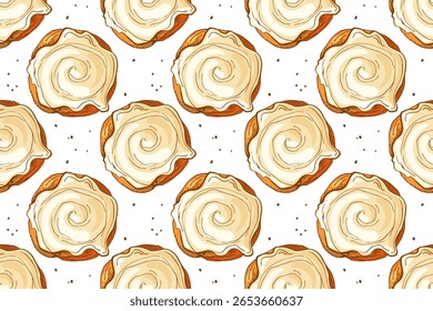 Padrão sem costura com esboço de cor Cinnabon, vista superior, padaria doce pastelaria. Pão com canela. Bolinho redondo com glacê. Fundo repetido para papel de parede, embalagem, embalagem, têxtil, scrapbooking.