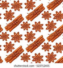 Seamless pattern cinnamon and anise on a white background