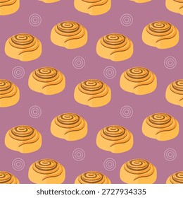 nahtloses Muster Zimt Brötchen Bäckerei auf violettem Hintergrund Vektor Tapete Textil Geschenkpapier Stoff