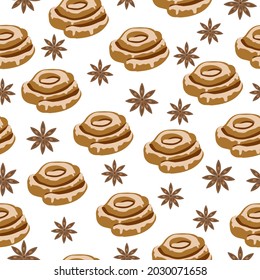 Seamless pattern with cinnamon and cinnamon bun on a white background are isolated. Christmas pattern can be used for seasonal design, gift packaging, postcards, pajamas