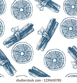 seamless pattern, cinnamon and citrus, hand drawing vector