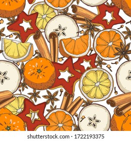 Seamless pattern with cinnamon, clove, apple, lemon and orange slice. Merry Christmas background. Vector illustration.