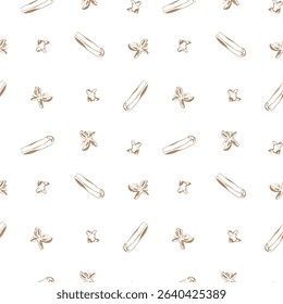Seamless pattern with cinnamon colored line drawings of spices on clean white background for cooking and packaging