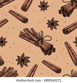 Seamless pattern with cinnamon. Design element for poster, card, banner, clothes decoration. Vector illustration