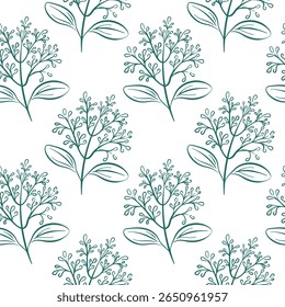 Seamless pattern with cinnamon flower branch drawn in line art style on white background. Perfect for botanical, herbal or spice themed packaging and design project.