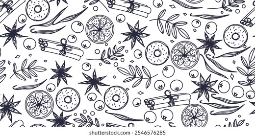 Seamless pattern with cinnamon, leaf, orange slice, donut, berry, star anise, vanilla pod. For seasonal menu, hot drinks, winter vitamin herbal tea, packaging.