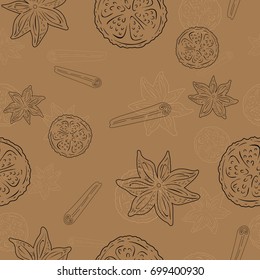 Seamless pattern with Cinnamon and lemon - brown line art on a beige background, hand drawn vector stock illustration