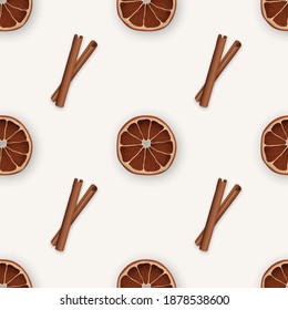 Seamless pattern with cinnamon and orange slices. Christmas time  wallpaper. Vector repetitive background.