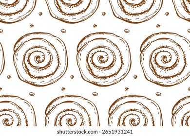 Seamless pattern of cinnamon roll outline. Pastry sweet bakery, top view. Vector bakery foods, sweet nutrition snack. Repeated background for wallpaper, wrapping, packing, textile, scrapbooking