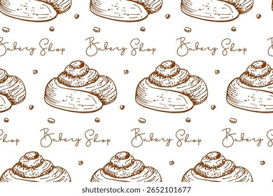 Seamless pattern of cinnamon roll outline sketch. Bakery Shop print. Vector bakery foods, sweet nutrition snack. Repeated background for wallpaper, wrapping, packing, textile, scrapbooking