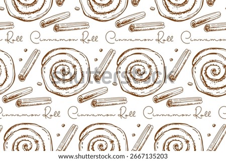 Seamless pattern of cinnamon roll and cinnamon sticks with inscription. Doodle Vector bakery foods, sweet nutrition snack. Repeated background for wallpaper, wrapping, packing, textile, scrapbooking