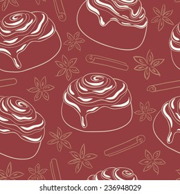 Seamless pattern with cinnamon rolls with frosting and spice. Freshly baked sweet pastry. Vector illustration.