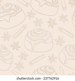 Seamless pattern with cinnamon rolls with frosting and spice. Freshly baked sweet pastry. Vector illustration. Eps, added to swatches. 