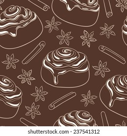 Seamless pattern with cinnamon rolls and spice. Freshly baked sweet pastry with frosting. Vector illustration.