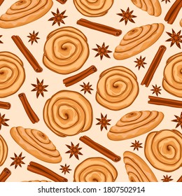 
Seamless pattern with cinnamon rolls, cinnamon sticks and stars anise. Perfect print for fabric, textiles or wallpaper. Vector autumn, winter, Thanksgiving and Christmas symbols.