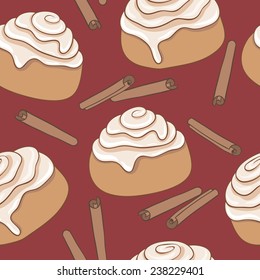 Seamless pattern with cinnamon rolls and sticks of cinnamon. Freshly baked sweet pastry with frosting and spice. Vector illustration. Eps, added to swatches.