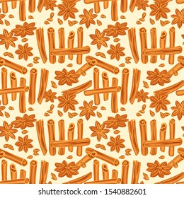 Seamless pattern cinnamon and star anise. Spices for your design. Seasoning Image Isolated Vector
