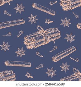 Seamless pattern with cinnamon, star anise and clove. Hand-drawn vector illustration in black and white engraving style.