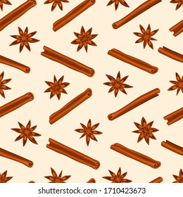 Seamless pattern with cinnamon and stars anise. Perfect print for fabric, textiles or wallpaper.